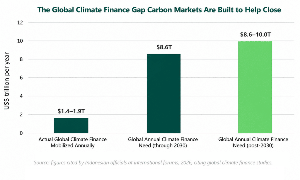Bar chart comparing annual global climate finance mobilization with projected climate finance needs through 2030 and beyond, illustrating the financing gap that carbon markets help address.