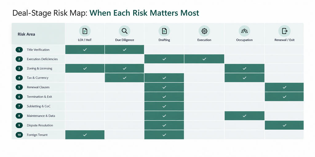 Deal-stage risk map showing key legal risks for commercial tenants in Indonesia